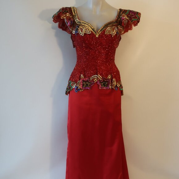 Womens Fabrice Silhouette Red Gold Beads Sequin Silk Satin Formal Gown Dress 10* - Picture 1 of 16